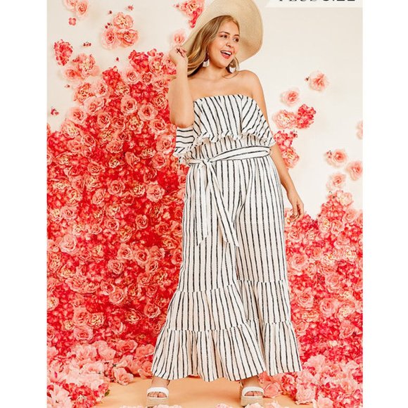 Striped Boho Ruffle Strapless Wide Leg Jumpsuit - Picture 2 of 6